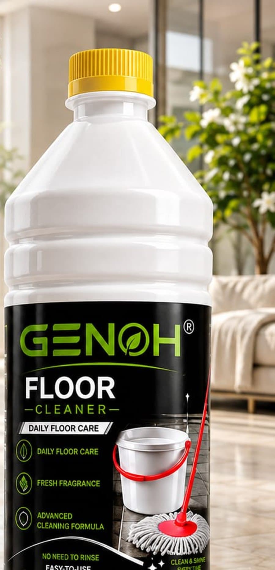 GENOH Floor Cleaner bottle and mop bucket in a bright Indian home