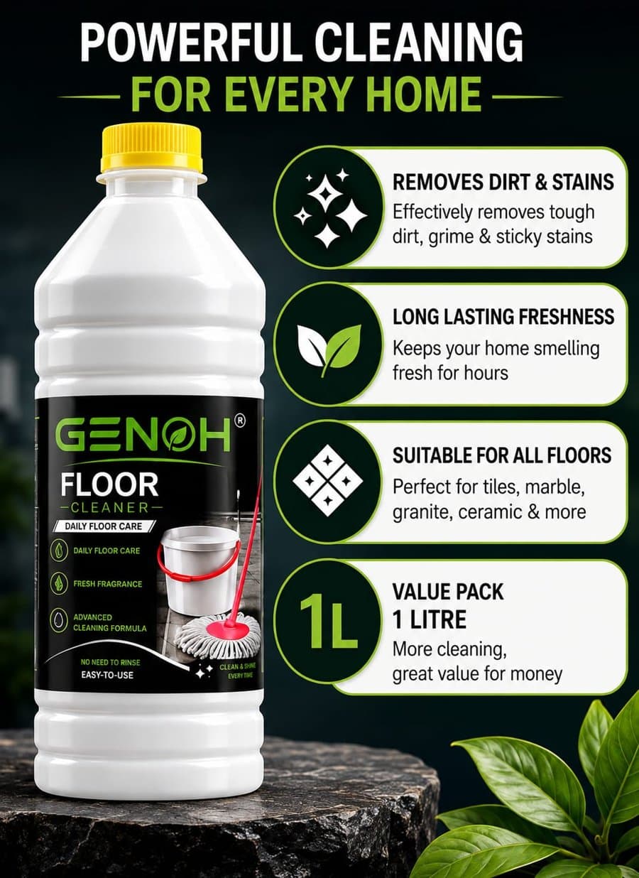 Close-up of a floor cleaning bottle with cleaning icons