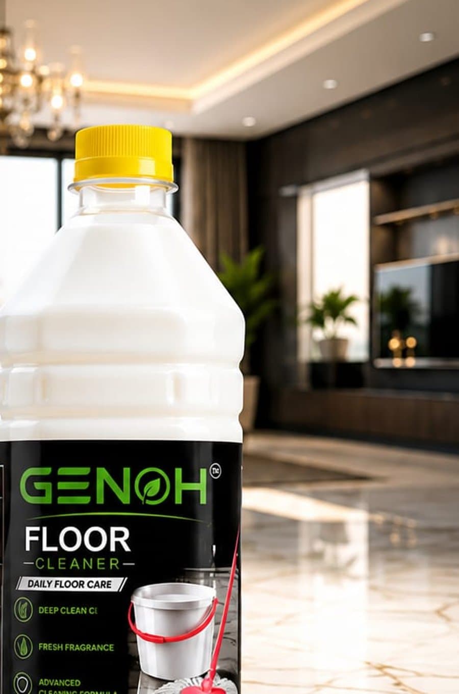 GENOH Floor Cleaner bottle on a marble floor in a well-lit living room