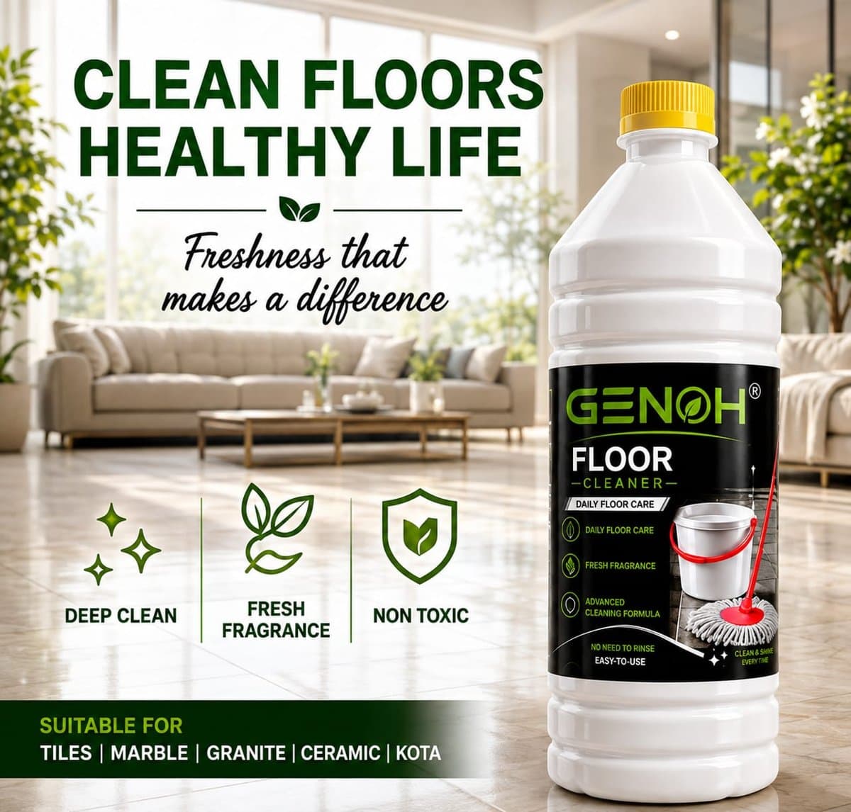 GENOH cleaning products lined up in a bright home