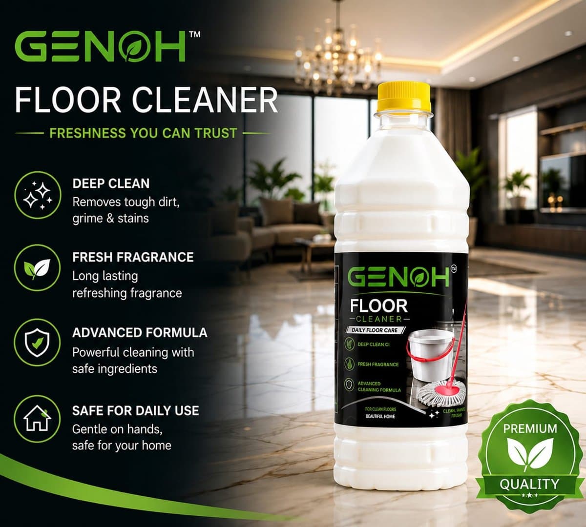 Floor cleaner bottle on a marble floor with bucket and mop